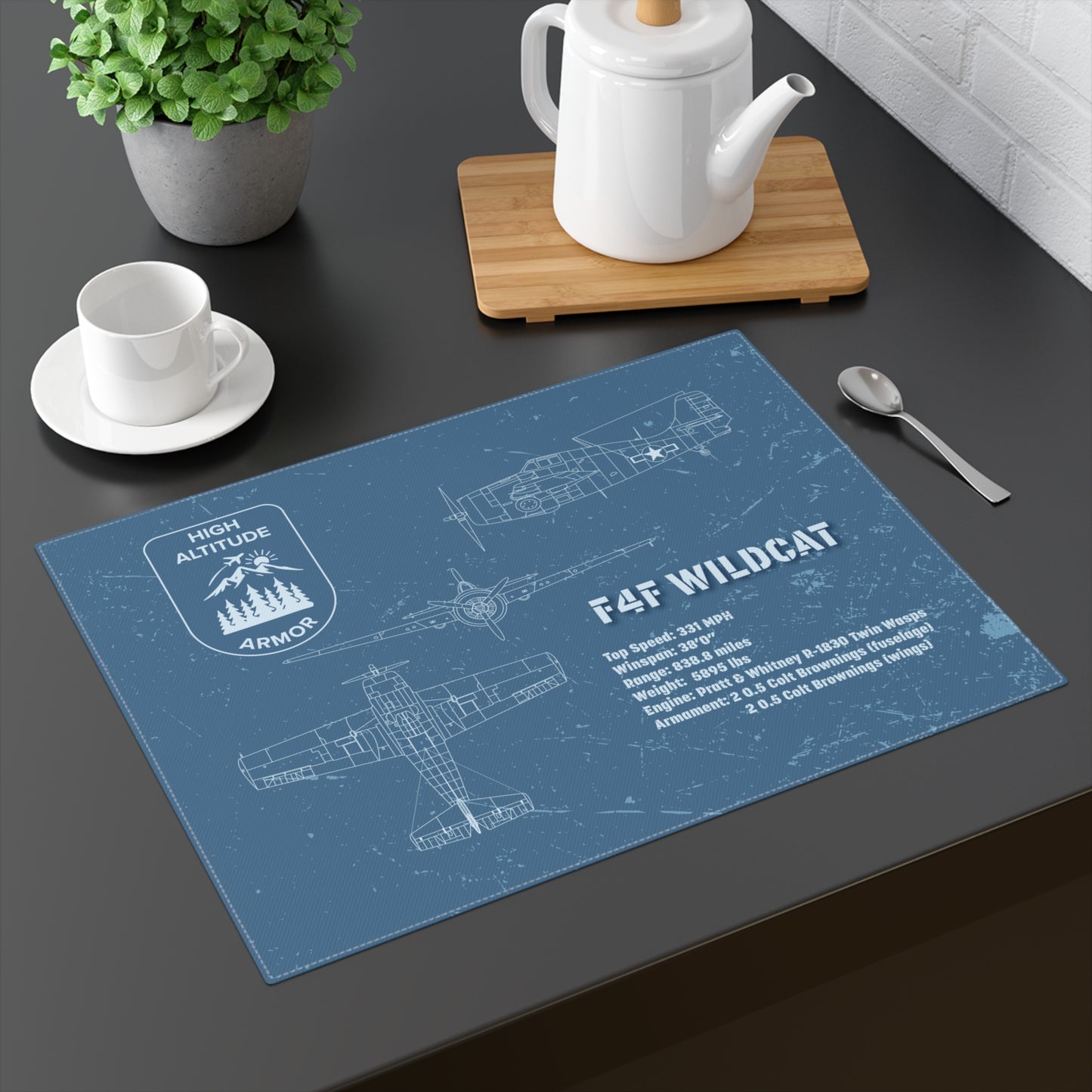 F4F Wildcat Blueprint Placemat — Vintage Aircraft Diagram Table Mat