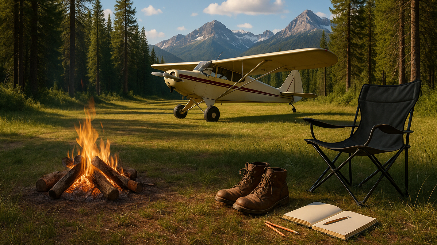 tailwheel airplane parked amongst the trees on a mountain grass runway with a campfire, camp chair, hiking boots and sketch book lying nearby in the foreground. the weather is mostly blue skies with a few puffy white clouds