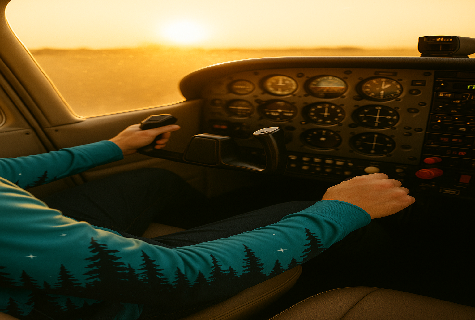 Person in a cockpit with sunset view through window